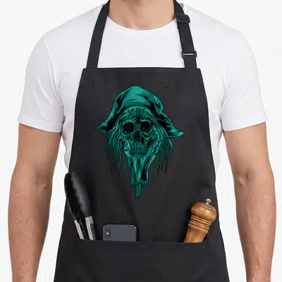Thief skull apron - Teal and black line art of a skull wearing a hat printed with the Roman numeral XII — shown on a black cotton canvas apron against a white background