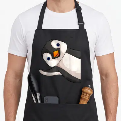 Cute animal penguin aprons - Cartoon penguin sliding into frame with blue eyes and orange beak — shown on a black cotton canvas apron against a white background