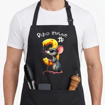 Mice costume halloween apron - Cartoon blind mouse with sunglasses holding cane in front of yellow cheese number 3 — shown on a black cotton canvas apron against a white background
