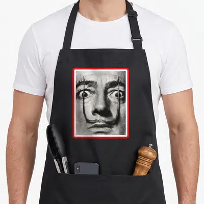 Painting famous aprons - Black and white man's face photo framed by a thick red rectangle border — shown on a black cotton canvas apron against a white background