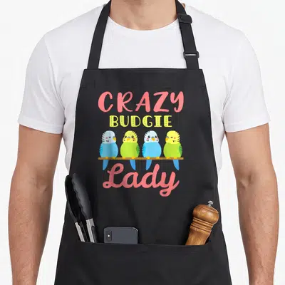 Parakeet pet bird apron - Four colorful budgies perched on brown branch below CRAZY BUDGIE Lady text — shown on a black cotton canvas apron against a white background