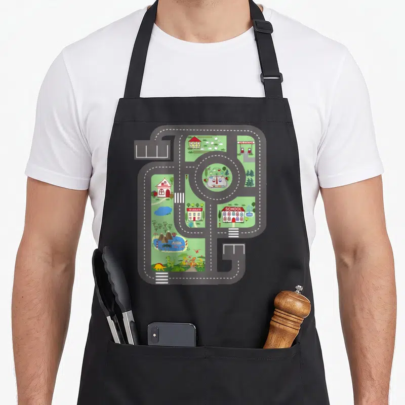 Play track apron - Cartoon town map with grey roads, green areas, and buildings labeled Gas Station, Market, and School — shown on a black cotton canvas apron against a white background