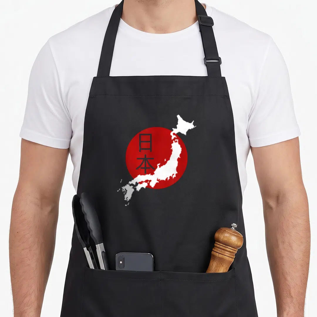 Map japan apron - White map of Japan silhouette on red circle with grey kanji text — shown on a black cotton canvas apron against a white background
