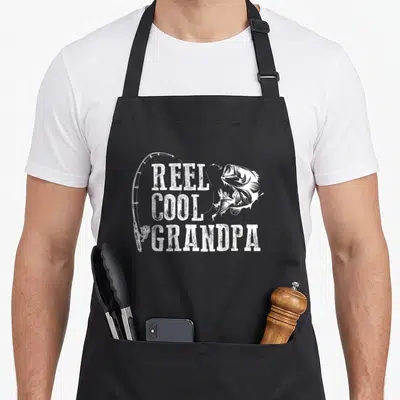 Grandpa reel fishing apron - White line art of leaping fish and rod surrounding stacked REEL COOL GRANDPA text — shown on a black cotton canvas apron against a white background