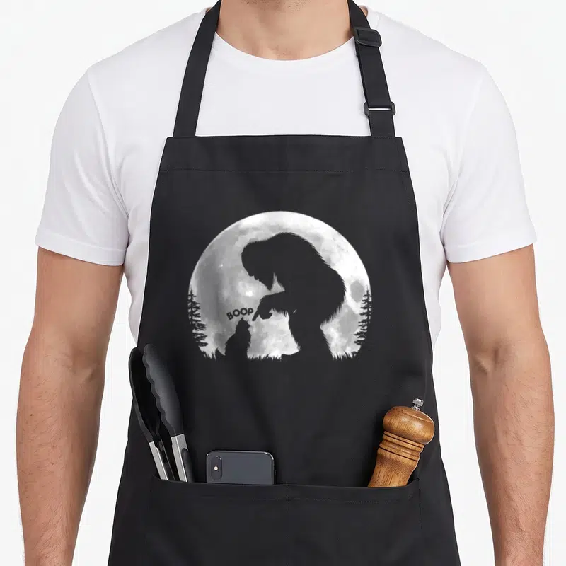 Hand cat apron - Grey Bigfoot silhouette booping a cat nose with BOOP text under a full moon — shown on a black cotton canvas apron against a white background