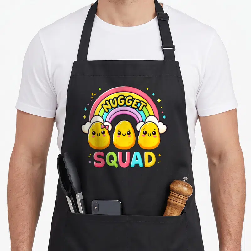 Nugget squad chicken apron - Three cartoon nuggets under rainbow with NUGGET SQUAD text — shown on a black cotton canvas apron against a white background