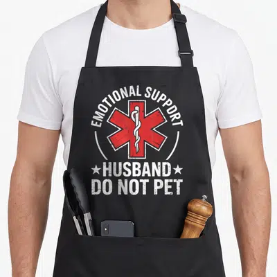 Emotional husband wife aprons - Red Star of Life with white EMOTIONAL SUPPORT HUSBAND DO NOT PET text in distressed — shown on a black cotton canvas apron against a white background
