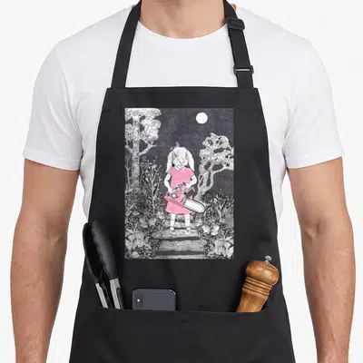 Creepy bunny apron - Rabbit in pink dress holding chainsaw on forest path under moon — shown on a black cotton canvas apron against a white background