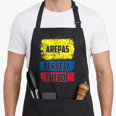 Cerveza arepas apron - Stacked text AREPAS CERVEZA FUTBOL on yellow blue red distressed brushstrokes — shown on a black cotton canvas apron against a white background