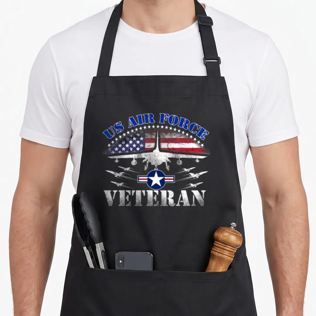 Usaf us aprons - Distressed US Air Force Veteran text over flag with centered airplane and formation jets — shown on a black cotton canvas apron against a white background