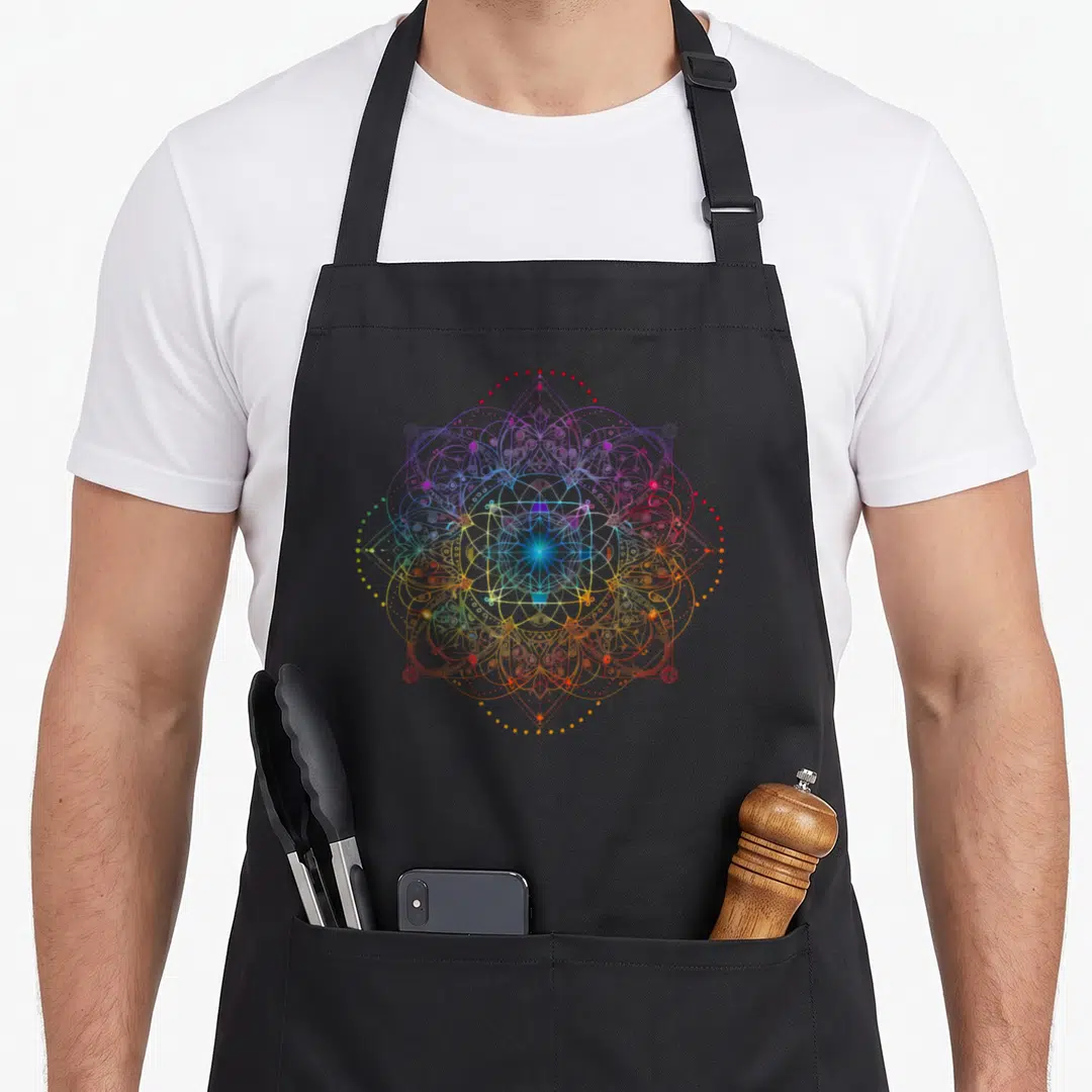 Sacred colourful apron - Symmetrical geometric mandala in red blue yellow green purple line art — shown on a black cotton canvas apron against a white background