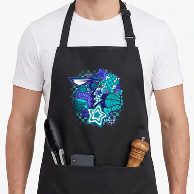 Hornet charlotte apron - Cartoon hornet, disco ball, basketballs, stars, and CHARLOTTE! text in purple teal and white — shown on a black cotton canvas apron against a white background