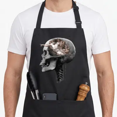 Creation skull apron - Realistic skull with interior figures and vertical esoteric empyre text in grey white beige — shown on a black cotton canvas apron against a white background