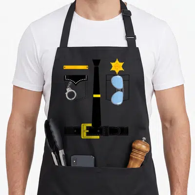 Uniform police apron - Cartoon sheriff outfit with badge, sunglasses, cuffs, tie, and belt in black and gold — shown on a black cotton canvas apron against a white background