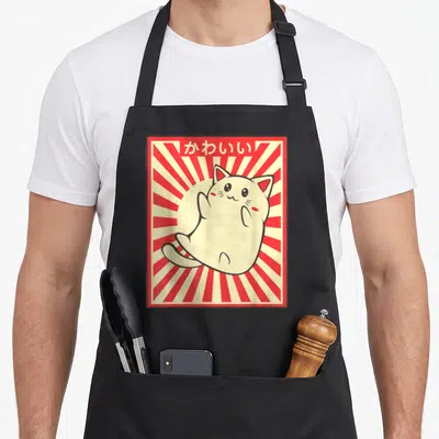 Meowing kawaii aprons - Cream cartoon cat centered on red and cream sunburst with Japanese text at top — shown on a black cotton canvas apron against a white background
