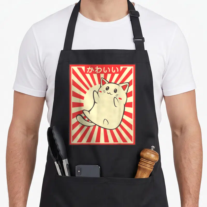 Meowing kawaii aprons - Cream cartoon cat centered on red and cream sunburst with Japanese text at top — shown on a black cotton canvas apron against a white background