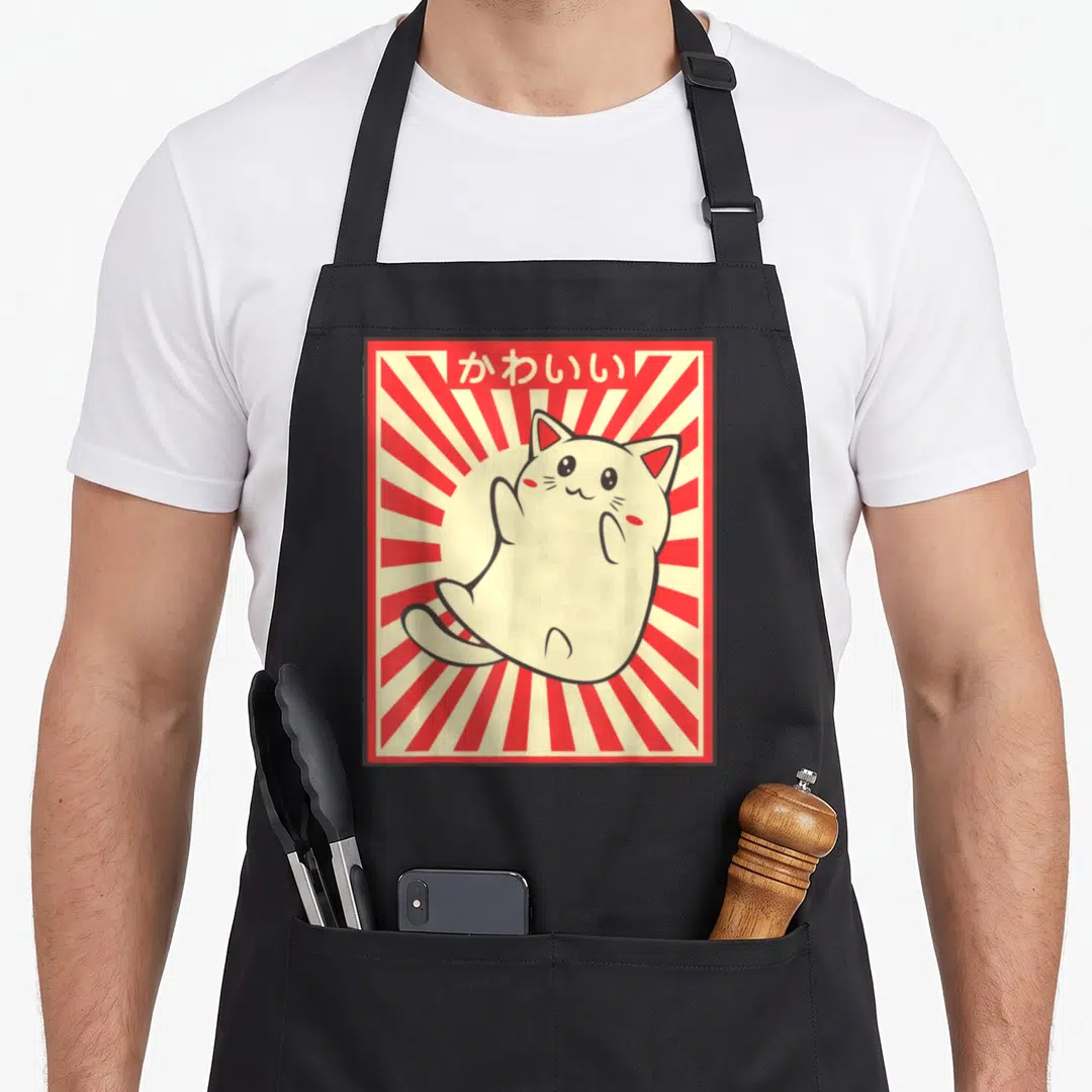 Meowing kawaii aprons - Cream cartoon cat centered on red and cream sunburst with Japanese text at top — shown on a black cotton canvas apron against a white background