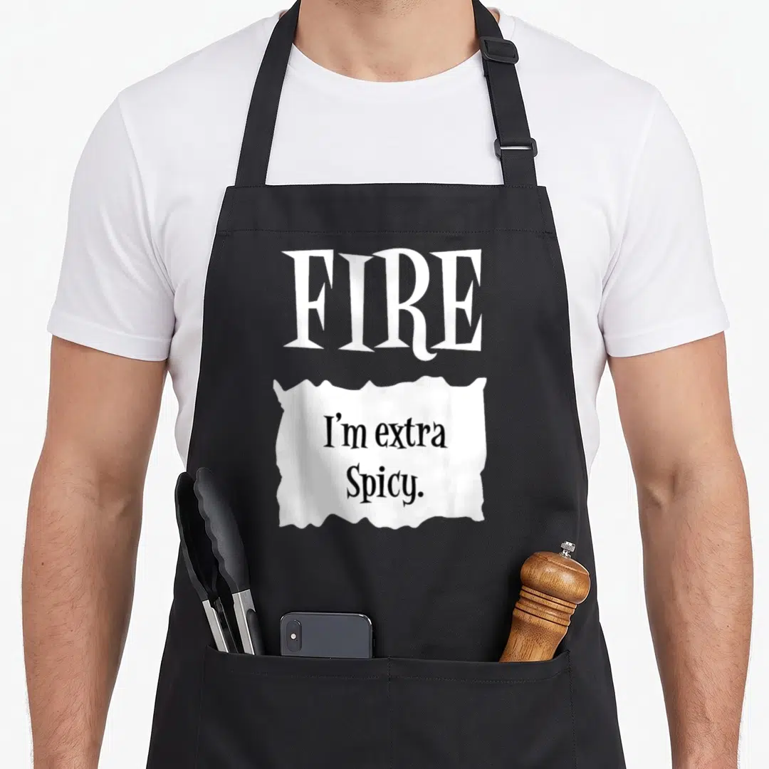 Fire halloween apron - White FIRE text above torn paper graphic reading I'm extra Spicy in black — shown on a black cotton canvas apron against a white background