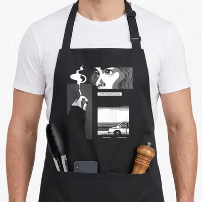90s grunge goth apron - Greyscale collage of woman eyes, smoking hand, car, and text Just look inside my heart you will — shown on a black cotton canvas apron against a white background