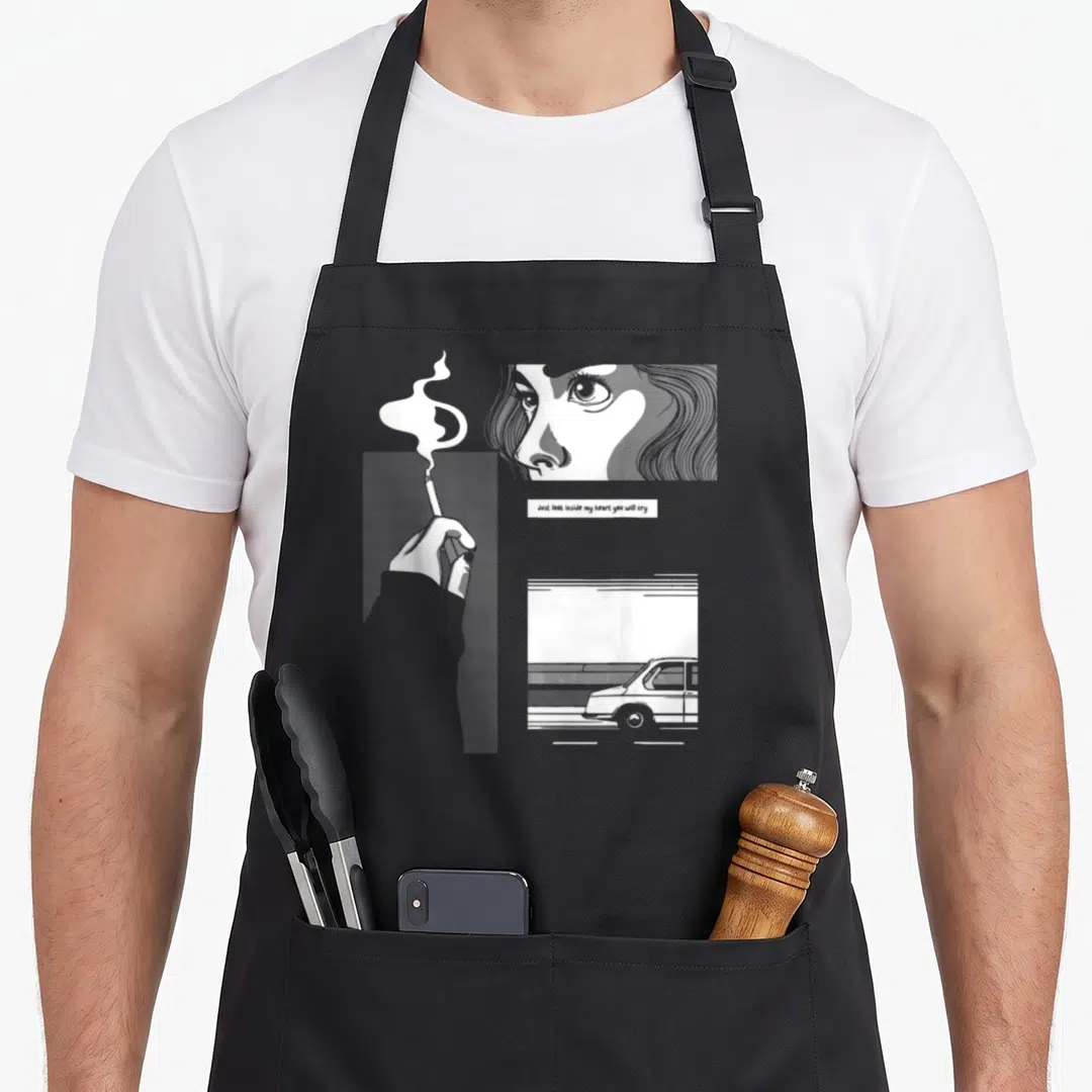 90s grunge goth apron - Greyscale collage of woman eyes, smoking hand, car, and text Just look inside my heart you will — shown on a black cotton canvas apron against a white background