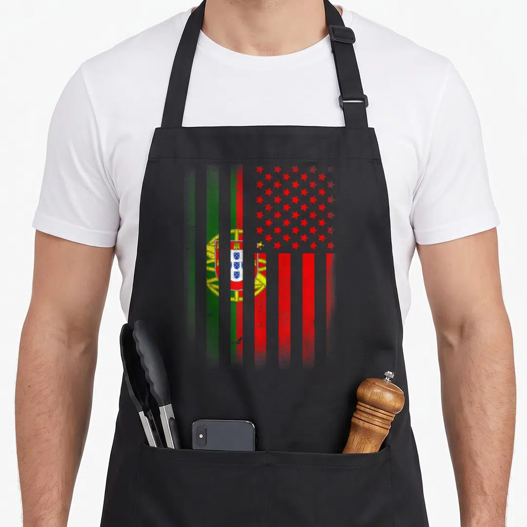 Pride portuguese apron - Distressed hybrid flag with Portuguese shield and US stars red green yellow white stripes — shown on a black cotton canvas apron against a white background