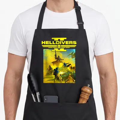 Sony video game apron - HELDIVERS text skull emblem soldiers fighting monsters yellow blue black — shown on a black cotton canvas apron against a white background