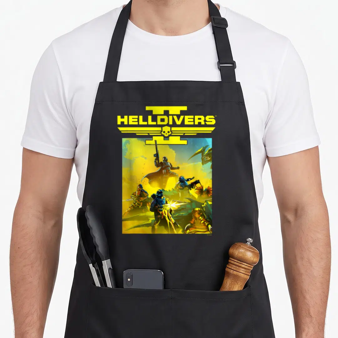Sony video game apron - HELDIVERS text skull emblem soldiers fighting monsters yellow blue black — shown on a black cotton canvas apron against a white background