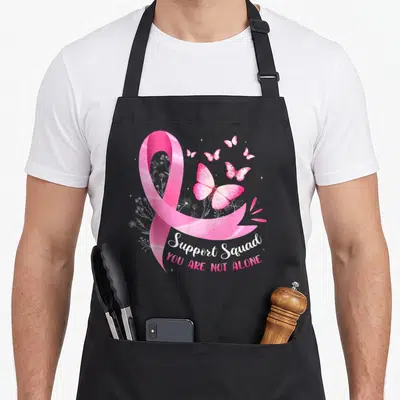 Bow breast cancer awareness aprons - Pink watercolor ribbon with butterflies and Support Squad text on black apron — shown on a black cotton canvas apron against a white background