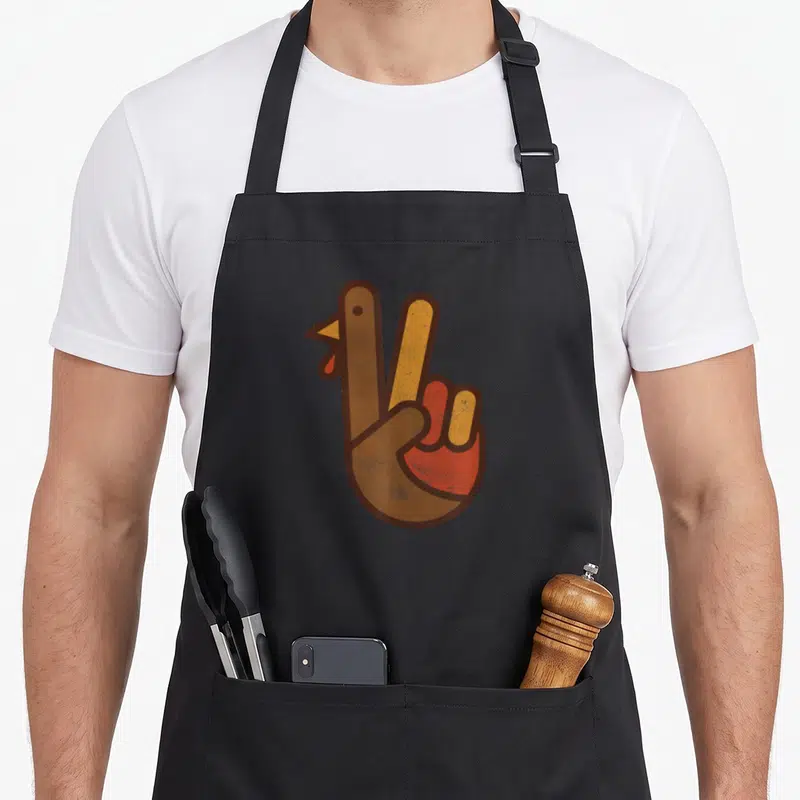 Hand turkey apron - Cartoon brown hand shaped like a chicken head making a peace sign with orange and red details — shown on a black cotton canvas apron against a white background