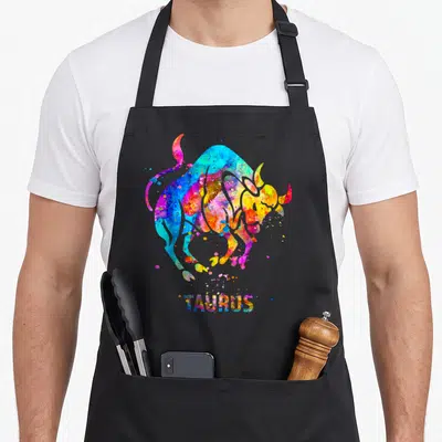 Sign taurus aprons - Rainbow watercolor bull illustration above TAURUS text in blue yellow red purple green — shown on a black cotton canvas apron against a white background