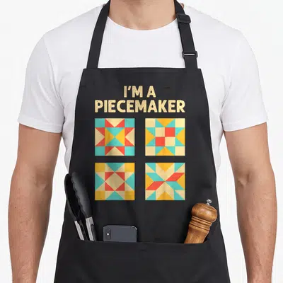 Quilting knitting apron - I'M A PIECEMAKER text above four beige red yellow and blue quilt squares in a grid — shown on a black cotton canvas apron against a white background