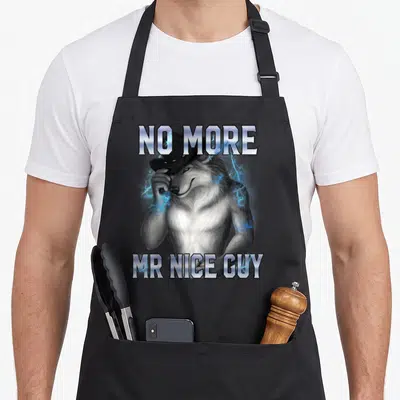 Meme alpha apron - Realistic wolf wearing black hat surrounded by blue lightning with NO MORE MR NICE GUY text — shown on a black cotton canvas apron against a white background