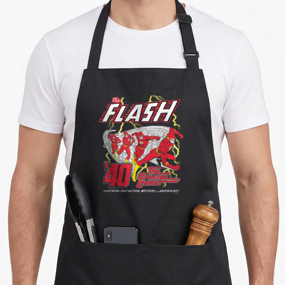Crimson comet apron - The Flash '40 Crimson Comet comic art with four running figures and lightning text — shown on a black cotton canvas apron against a white background