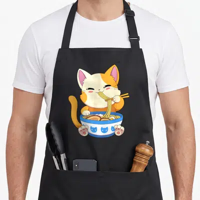 Noodle anime cat apron - Cartoon orange cat eating yellow noodles from a blue bowl with chopsticks — shown on a black cotton canvas apron against a white background