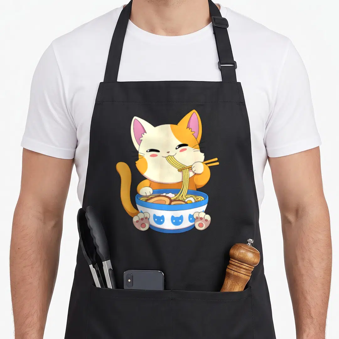 Noodle anime cat apron - Cartoon orange cat eating yellow noodles from a blue bowl with chopsticks — shown on a black cotton canvas apron against a white background