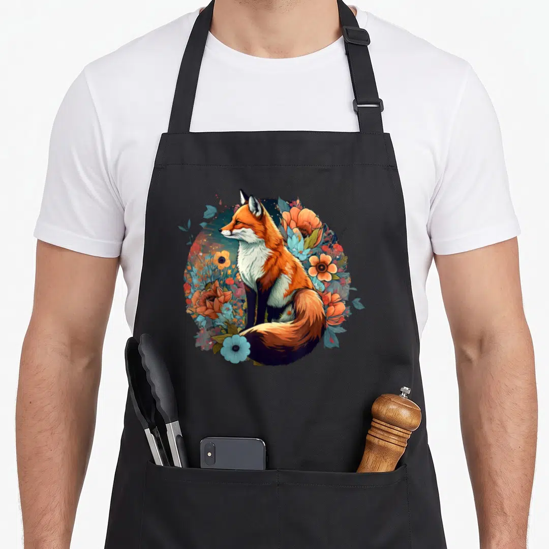 Funny floral cottagecore apron - Cartoon fox sitting among orange and blue flowers in a circular wreath design — shown on a black cotton canvas apron against a white background