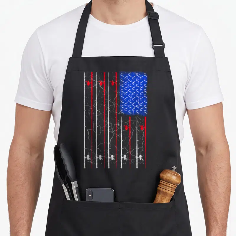 Rod american flag apron - Fishing rods in red and white stripes with blue hook rectangle, distressed style — shown on a black cotton canvas apron against a white background
