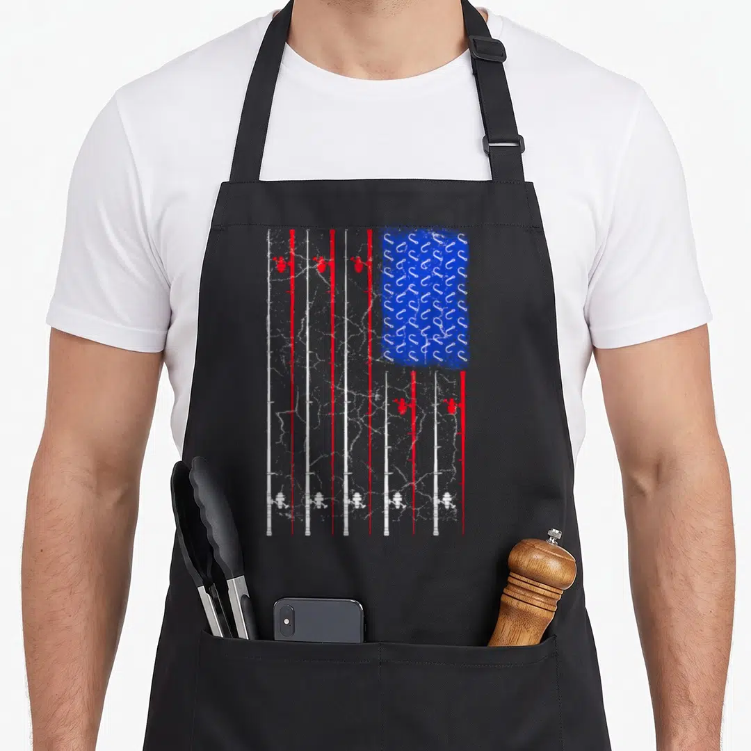 Rod american flag apron - Fishing rods in red and white stripes with blue hook rectangle, distressed style — shown on a black cotton canvas apron against a white background