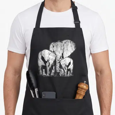 Family elephant print apron - Three distressed white elephants clustered together on black fabric — shown on a black cotton canvas apron against a white background
