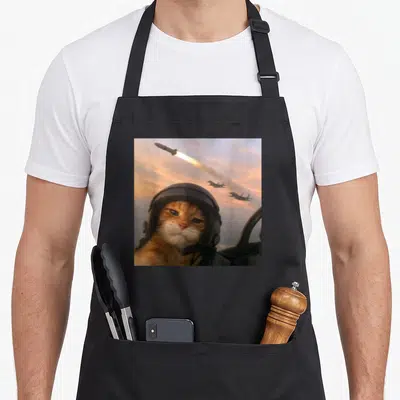 Selfie kitty cat apron - Orange cat in pilot helmet with missile and two jets flying in sky — shown on a black cotton canvas apron against a white background