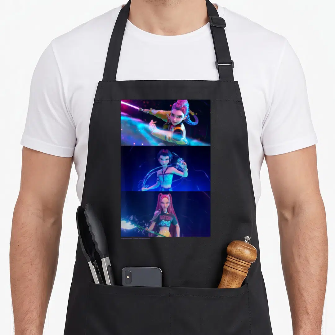 Rumi mirin apron - Three stacked rectangular photos of women in blue purple and pink action poses — shown on a black cotton canvas apron against a white background