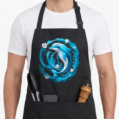 Dolphin floral apron - Realistic blue dolphin inside circular swirl of water waves and pink flowers — shown on a black cotton canvas apron against a white background