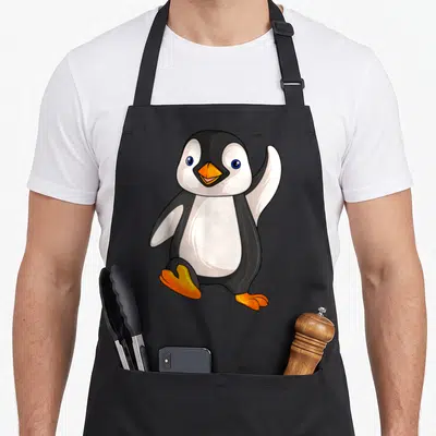 Penguin aprons for grilling - Cartoon penguin waving one flipper with orange beak and feet on black background — shown on a black cotton canvas apron against a white background