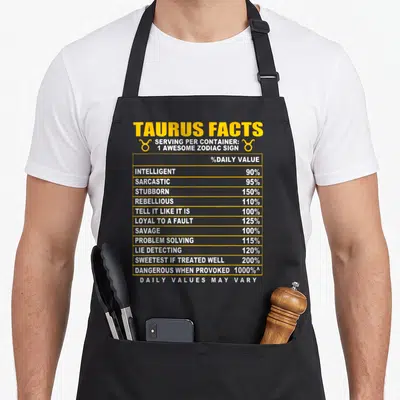 Funny fact taurus aprons - Yellow and white nutrition facts table listing Taurus traits like sarcastic and stubborn — shown on a black cotton canvas apron against a white background