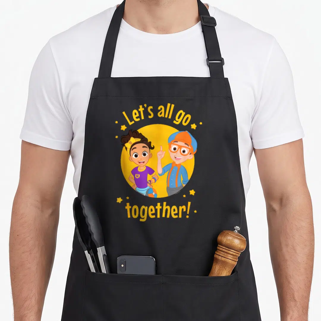 Blippi novelty apron - Two children in yellow circle with Let's all go together text and stars — shown on a black cotton canvas apron against a white background