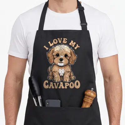 Cavoodle dog apron - Cartoon brown and white dog sitting under arched text I Love My Cavapoo — shown on a black cotton canvas apron against a white background