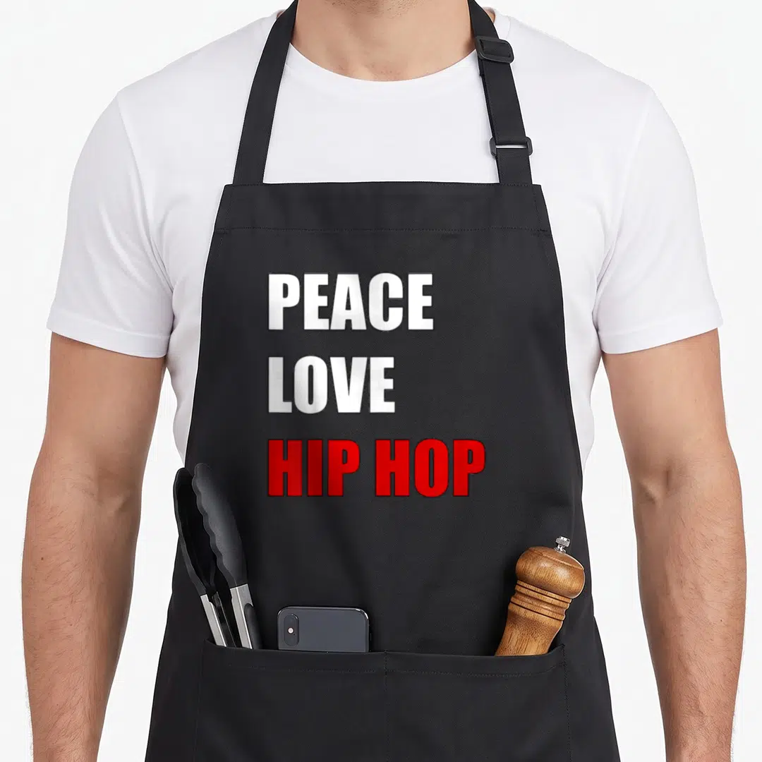 Peace hop hip aprons - Stacked text reading PEACE LOVE HIP HOP in white and red block letters — shown on a black cotton canvas apron against a white background