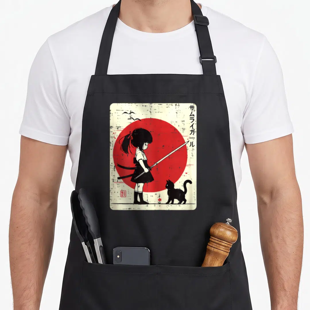 Samurai kawaii cat apron - Girl in profile holding katana facing black cat under red sun with vertical Japanese text — shown on a black cotton canvas apron against a white background