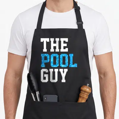 Pool snooker apron - Stacked text reading THE POOL GUY with blue water ripple texture in the middle word — shown on a black cotton canvas apron against a white background