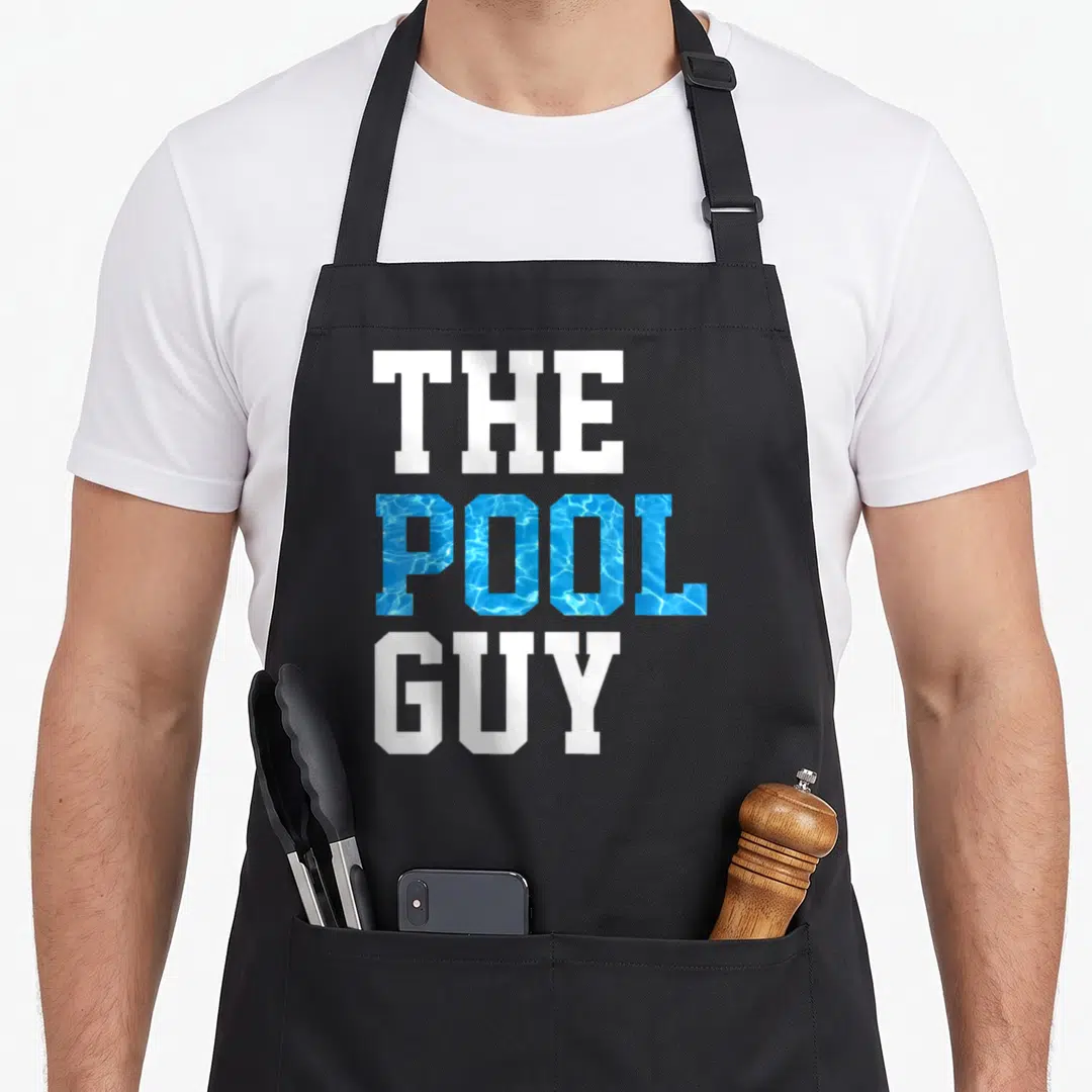 Pool snooker apron - Stacked text reading THE POOL GUY with blue water ripple texture in the middle word — shown on a black cotton canvas apron against a white background